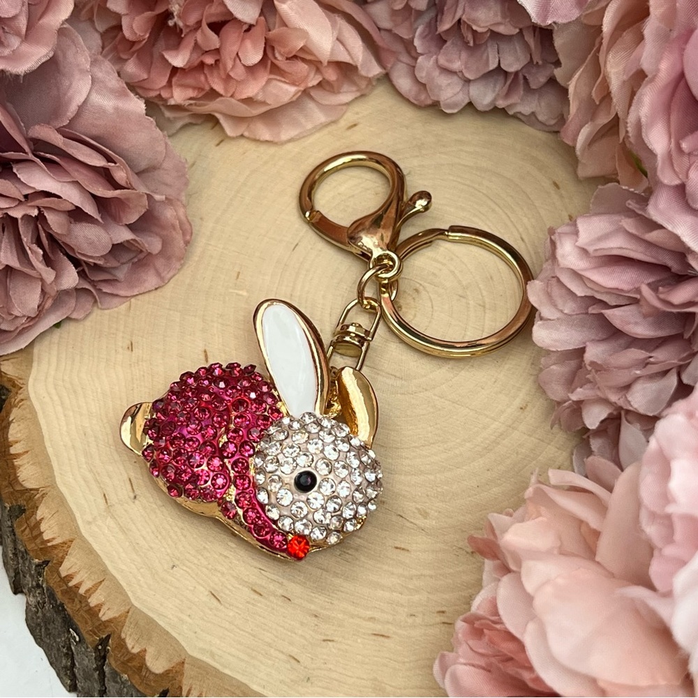 Hot Pink and Silver Crystal Bunny Rabbit Keychain Charm - Picture 8 of 14